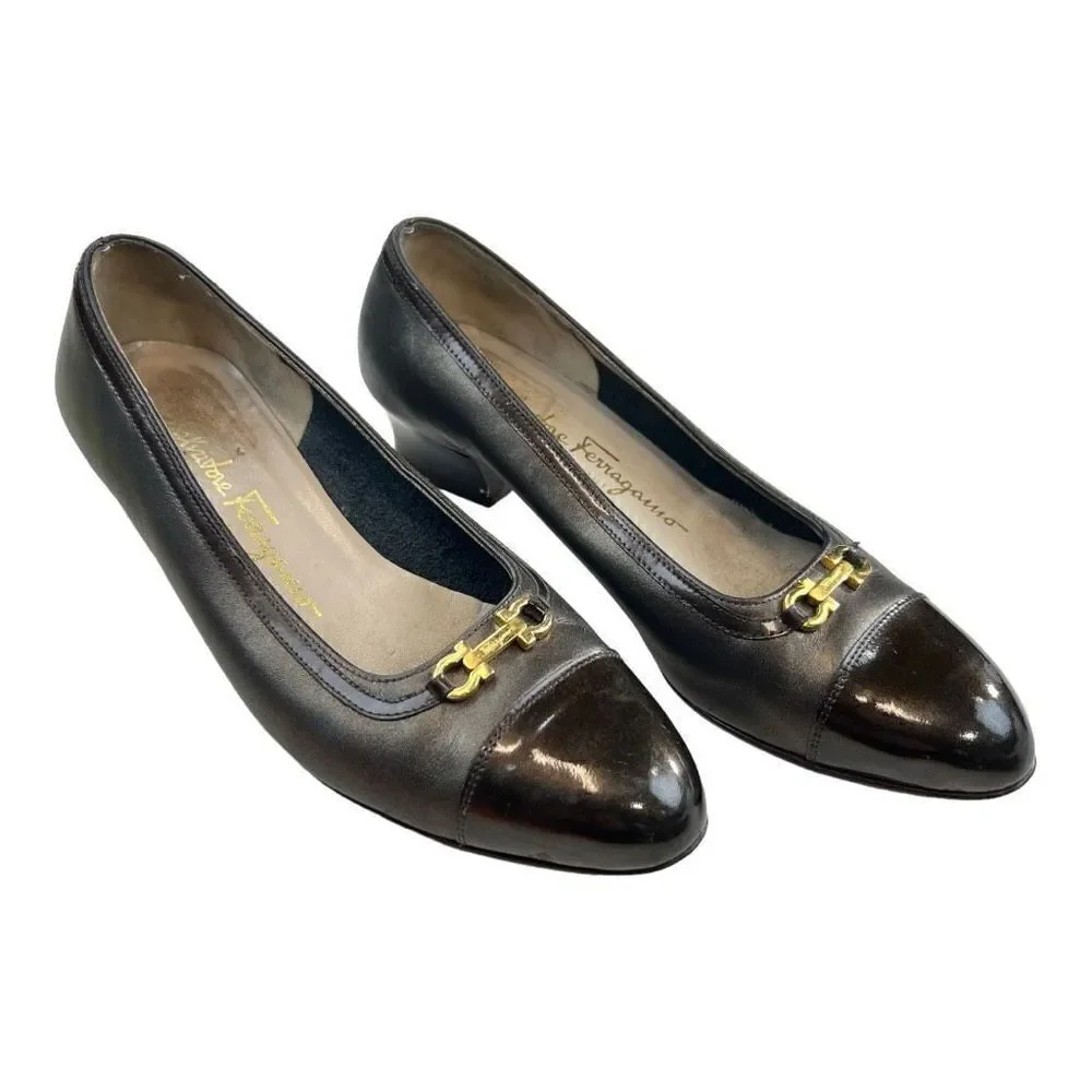 Salvatore Ferragamo Women's Cap Toe Horsebit Block Kitten Heels brown